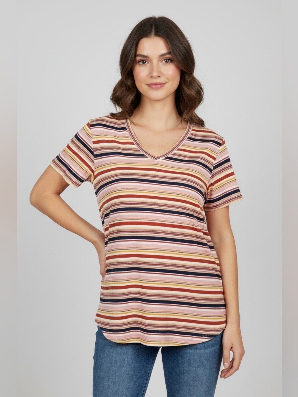 No Boundaries Multicolor Striped V-Neck Tee